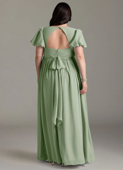 Wedding Guests Dresses Dusty Sage Chiffon A Line Sweetheart Neckline Twisted Corset Puff Short Sleeves Ruched Hem Floor-Length Elegant Plus Size Formal Dress Discount Hot Sale Prom Dress