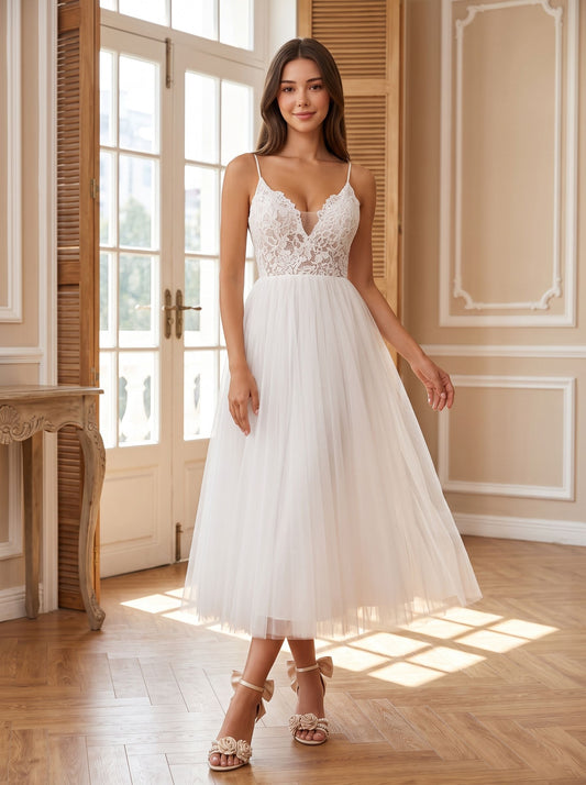 Ivory Lace A-Line V-Neck Back Zip Tea-Length Dress