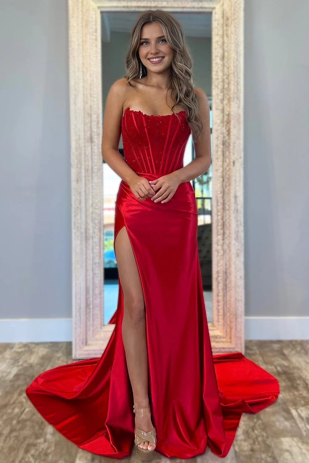 AABEI DRESS Prom Dress Stunning Strapless Glitter Top Long Satin With Slit Elegant Formal Dress