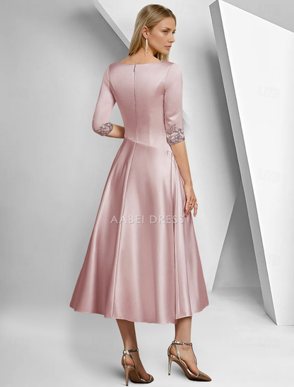 AABEI DRESS Wedding Guest Dress Retro A-Line V Neck 3/4 Length Sleeve Ankle Length Tea Length Satin with Lace Ruched Elegant Simple Mother of the Bride Dress