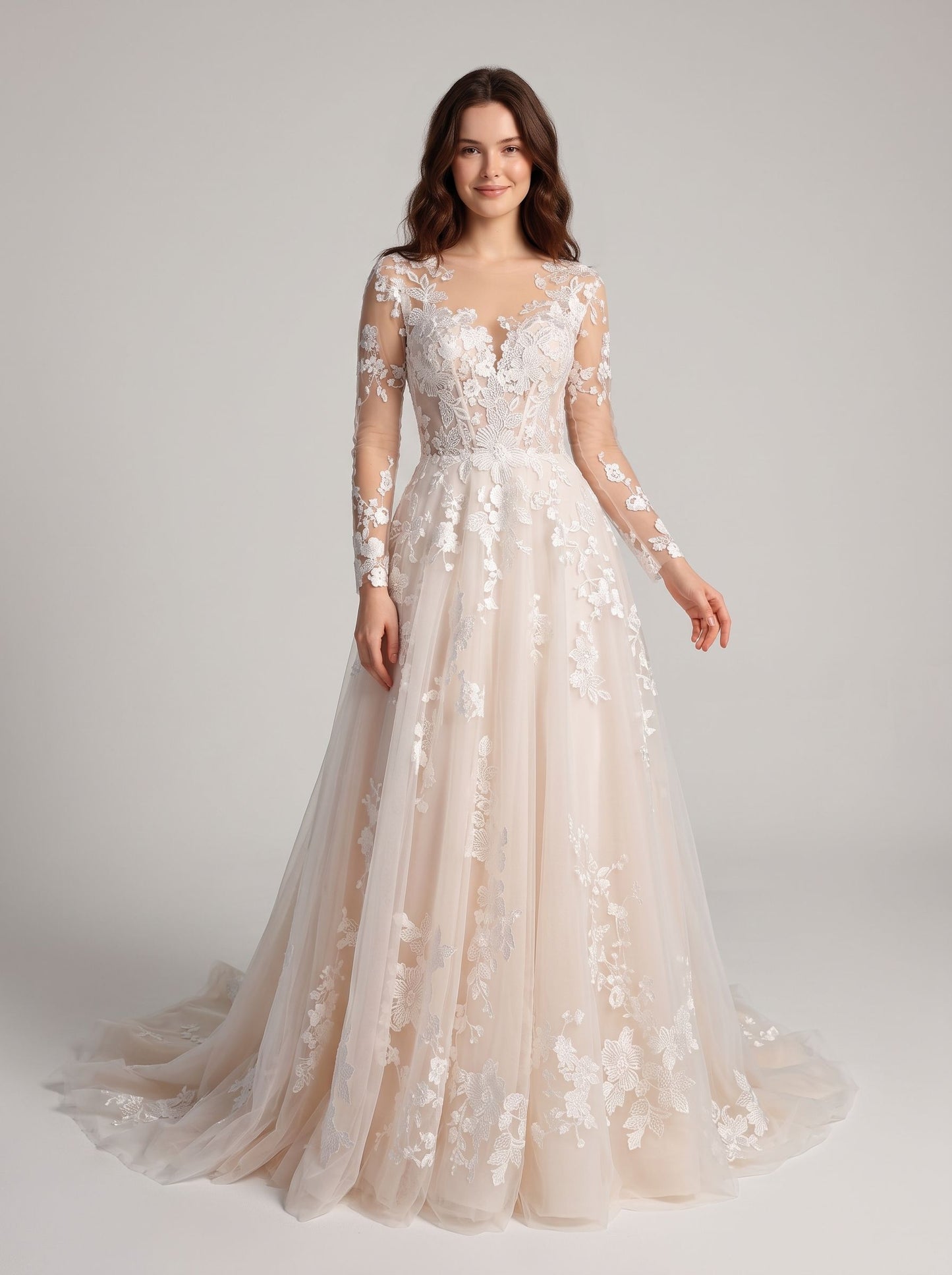 Ivory Tulle A-Line Illusion Neck Back Zip Floor-Length Dress