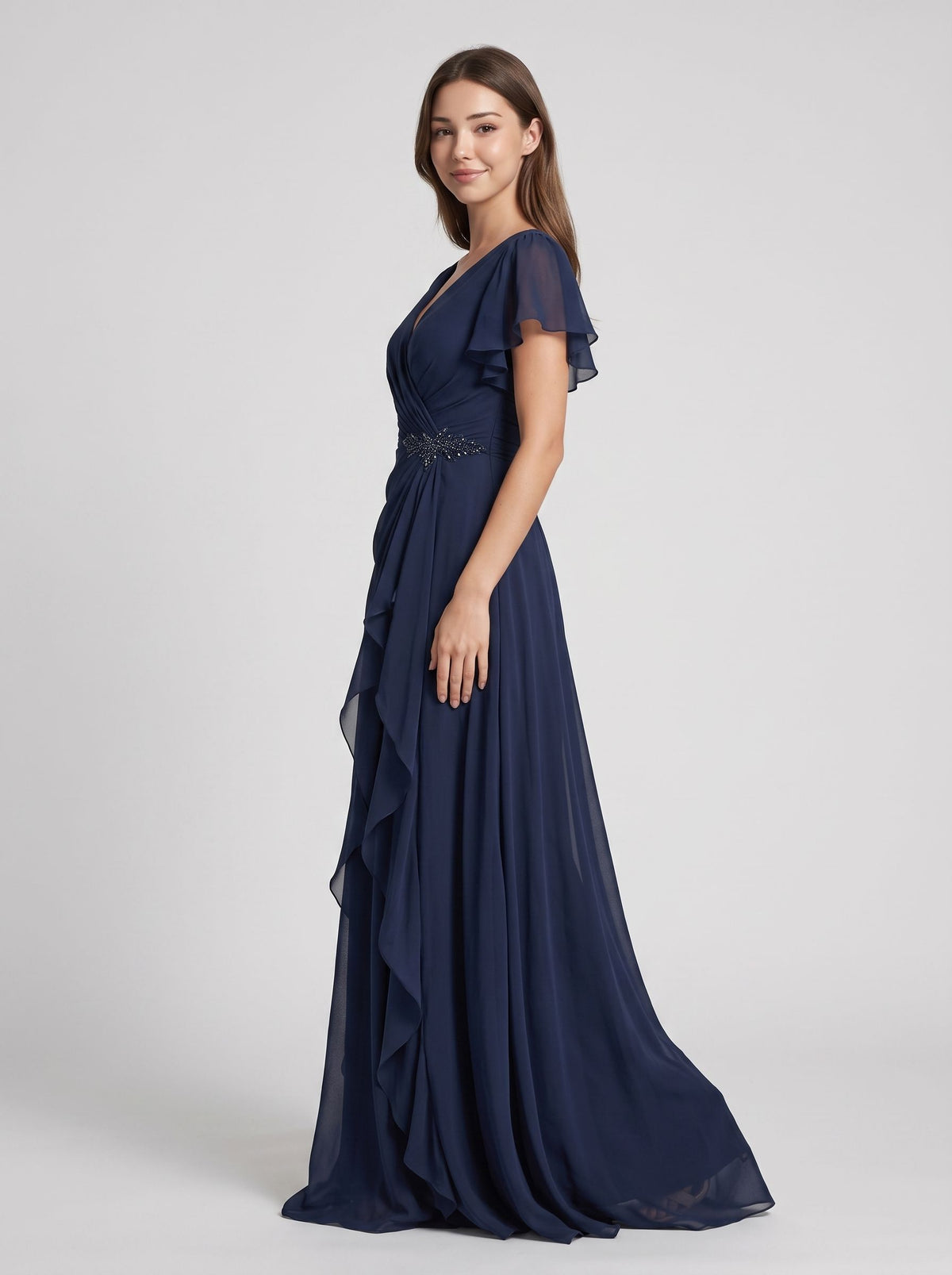 Dark Navy Chiffon A-Line V-Neck Back Zip Floor-Length Dress