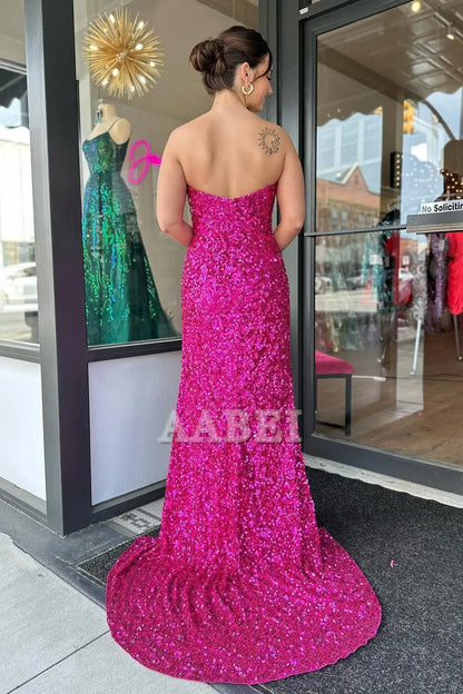 Evening Dress Strapless Sequins Long Prom Dress Side Fork Sparkle Sweep Train Charming Formal Women's Dresses
