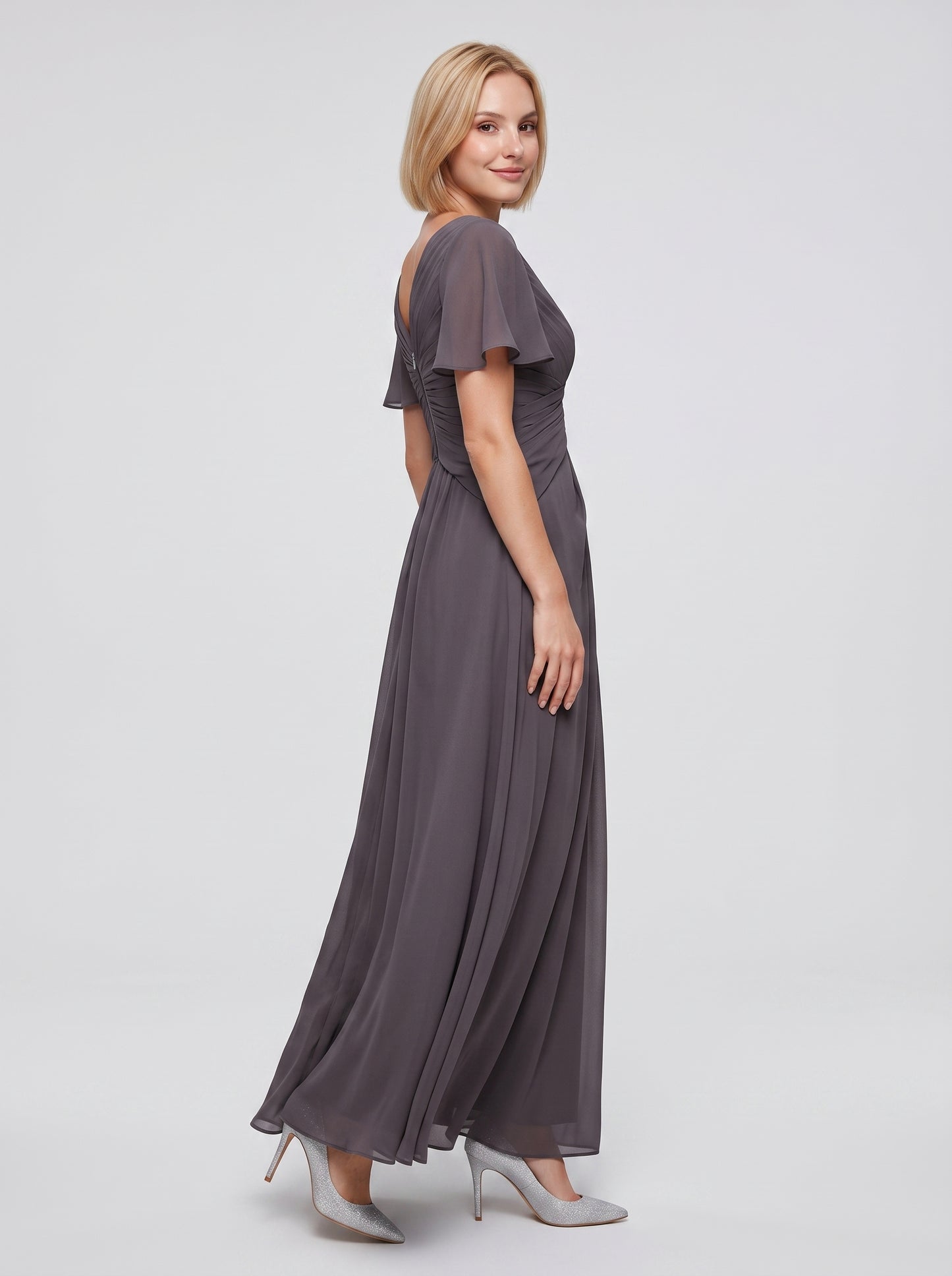 Grey Chiffon A-Line V-Neck Back Zip Floor-Length Dress