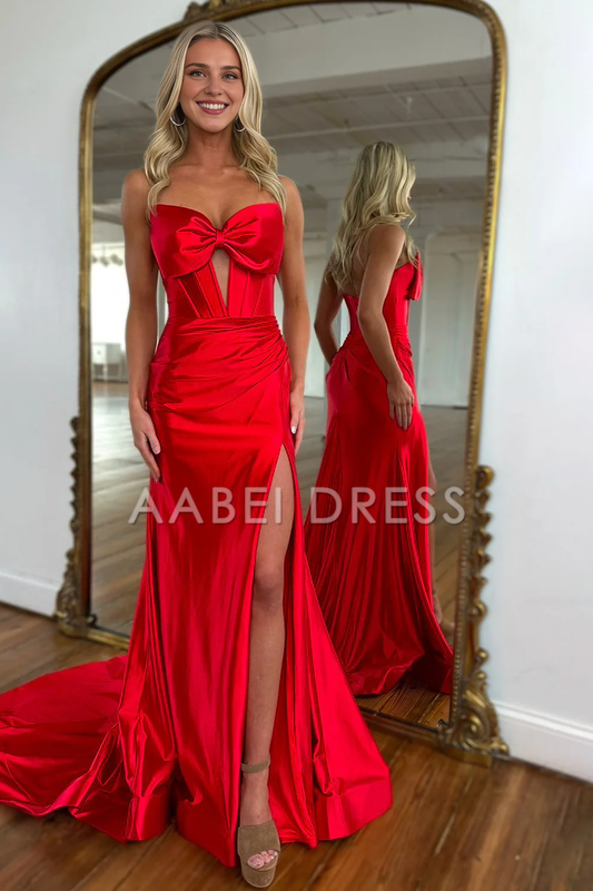 AABEI DRESS Prom Dress Cute Mermaid Strapless Long Satin Pleated With Slit And Bowknot Elegant Formal Dress