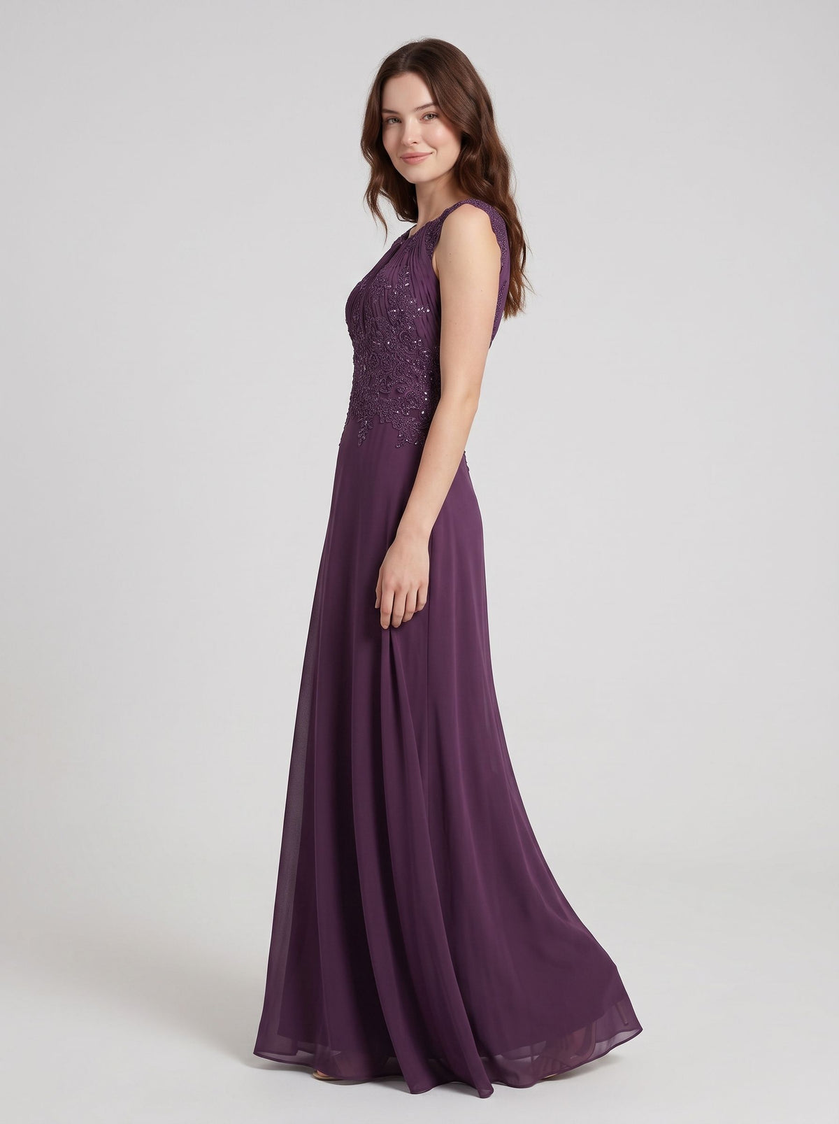 Mulberry Chiffon A-Line Keyhole Neck High Back Floor-Length Dress