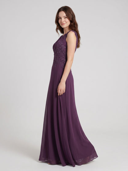 Mulberry Chiffon A-Line Keyhole Neck High Back Floor-Length Dress