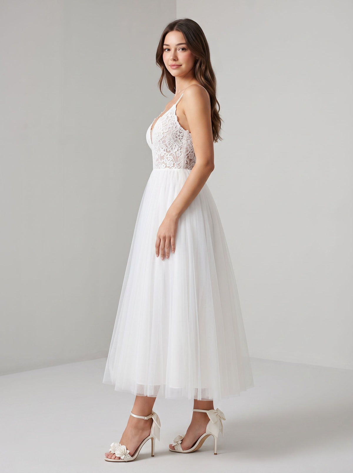 Ivory Lace A-Line V-Neck Back Zip Tea-Length Dress