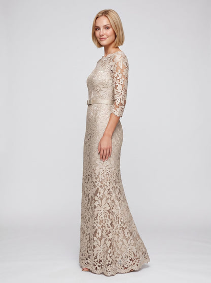 Champagne Lace Sheath/column Boat Neck High Back Floor-Length Dress