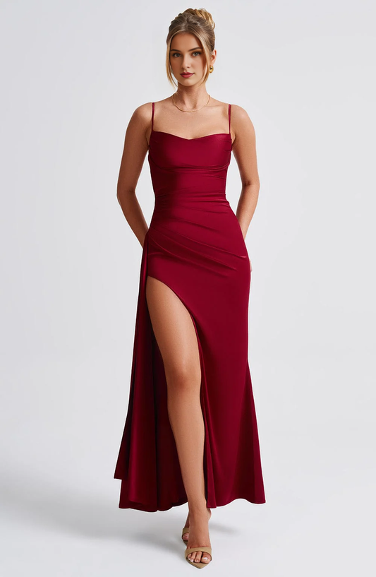Formal Wear Dresses Prom Dresses Elegant Spaghetti Strap Cowl Neckline Pleated Side Fork Charming Dresses Wedding Guests Dresses