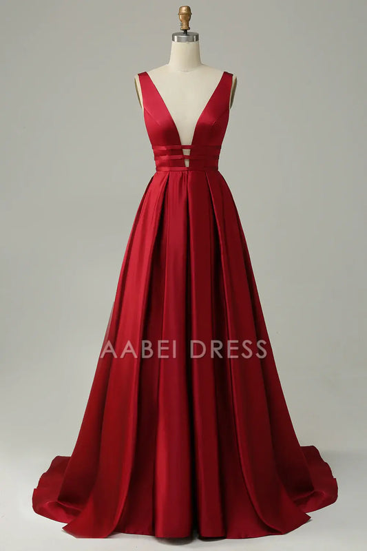 AABEI DRESS Hot Sale Prom Dress Exquisite A Line Deep V Neck Backless Sweep Train Charming Formal Dress