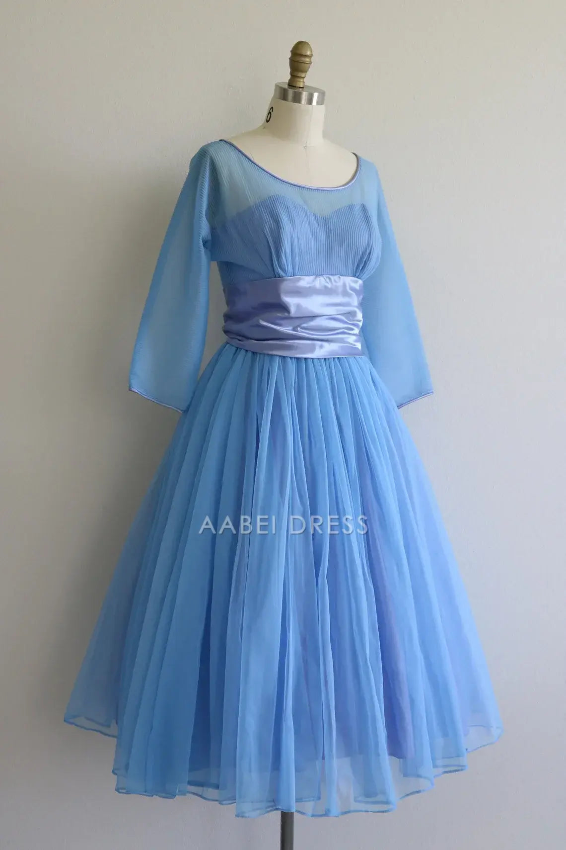AABEI DRESS Party Dress Elegant A Line Round Neck Long Sleeves Pleated Retro Prom Dress