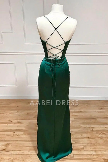 AABEI DRESS Hot Sale Prom Dress Simple Satin Mermaid Spaghetti Straps Lace Up Long With Split Elegant Formal Dress