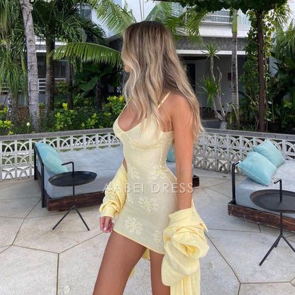 AABEI DRESS New Homecoming Dress Sexy Flowers Printed Slim Sling V Neck Backless Mini Dresses Beach Holiday Vestidos Short Prom Dress