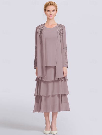 AABEI DRESS Wedding Guest Dress Elegant Two Piece A-Line Jewel Neck Long Sleeve Tea Length Lace Wrap Included Jacket Dresses with Appliques Solid Color Mother of the Bride Dress