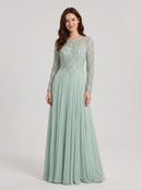 Mint Green Chiffon A-Line Boat Neck Back Zip Floor-Length Dress