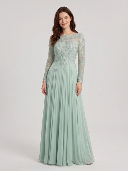 Mint Green Chiffon A-Line Boat Neck Back Zip Floor-Length Dress