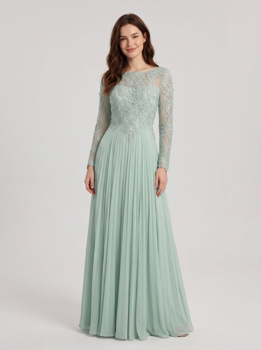 Mint Green Chiffon A-Line Boat Neck Back Zip Floor-Length Dress