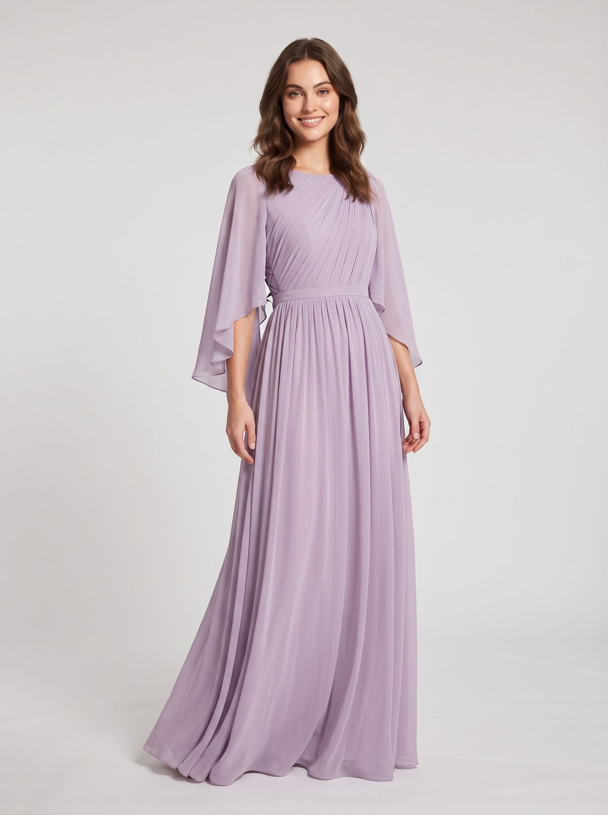 Lavender Chiffon A-Line Boat Neck Back Zip Floor-Length Dress