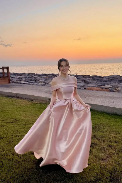 Elegant Formal Women's Dresses Pink Satin A Line Off-The-Shoulder Sleeveless With Pleated Floor Length Affordable Prom Dress