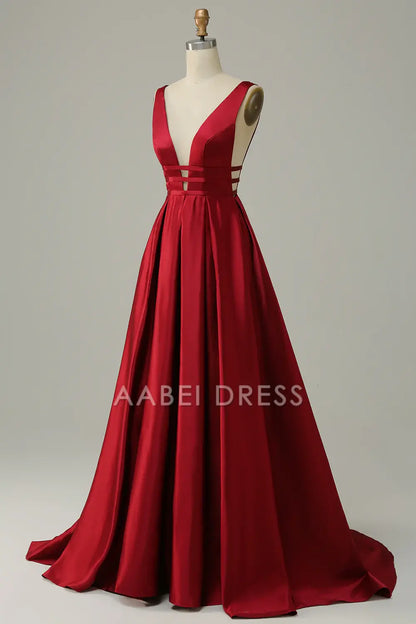 AABEI DRESS Hot Sale Prom Dress Exquisite A Line Deep V Neck Backless Sweep Train Charming Formal Dress