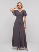 Grey Chiffon A-Line V-Neck Back Zip Floor-Length Dress