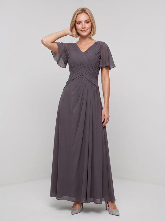 Grey Chiffon A-Line V-Neck Back Zip Floor-Length Dress