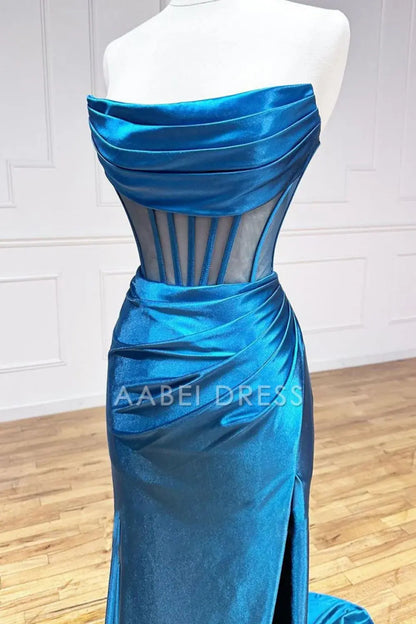 AABEI DRESS Hot Sale Prom Dress Elegant Mermaid Strapless Sweep Train Satin With Split And Pleating Formal Dress
