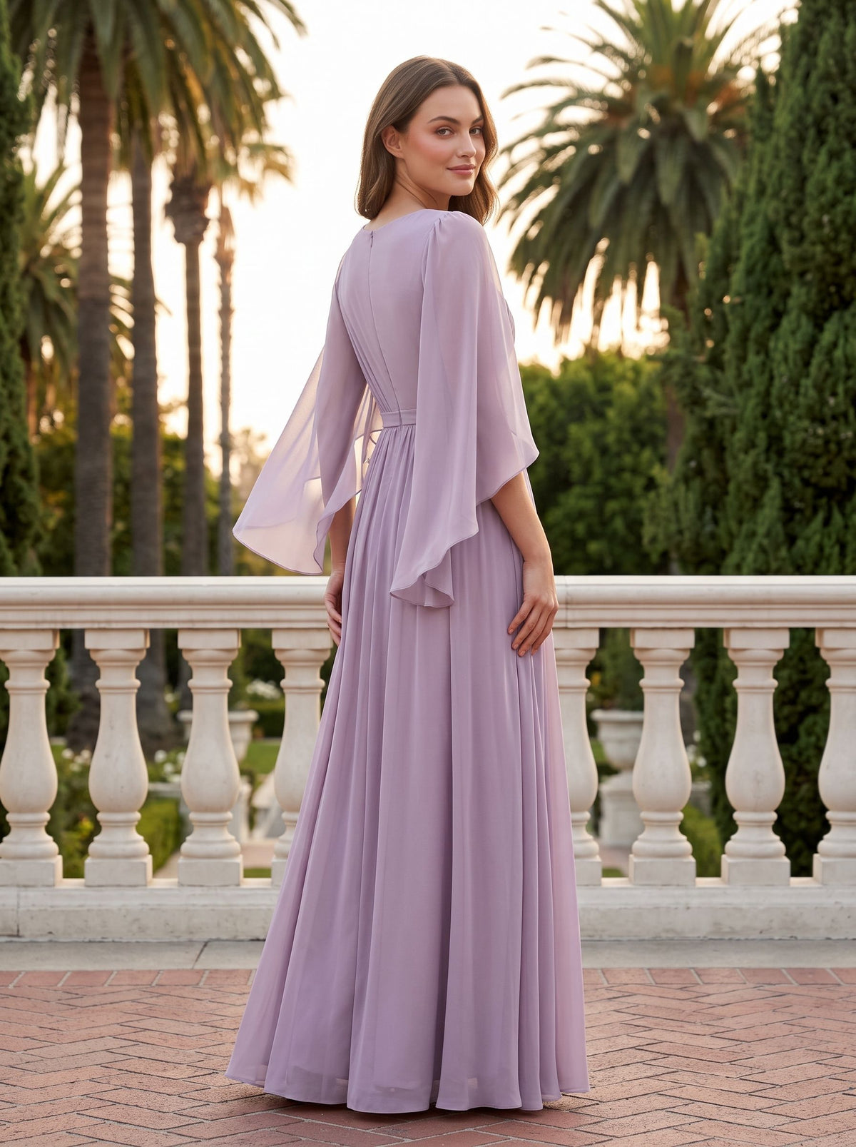 Lavender Chiffon A-Line Boat Neck Back Zip Floor-Length Dress