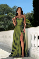 Exquisite Formal Women's Dresses Olive Satin A Line Strapless Sweetheart Neckline Knot Sleeveless Ruched Hem With Split Floor Length Affordable Prom Dress