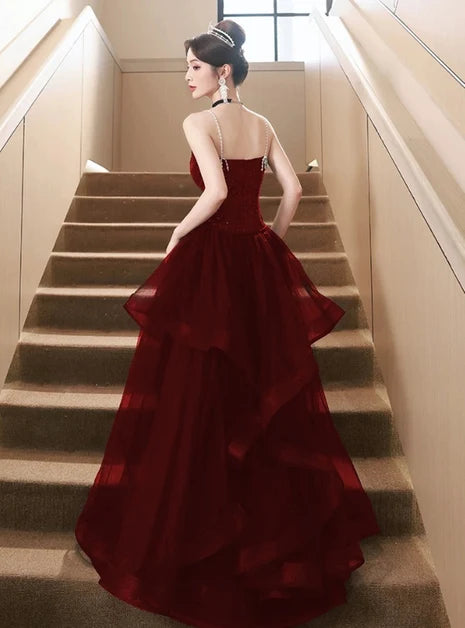 Sparkly A-line V-neck Spaghetti Strap Open Back Slit Long Prom Gown