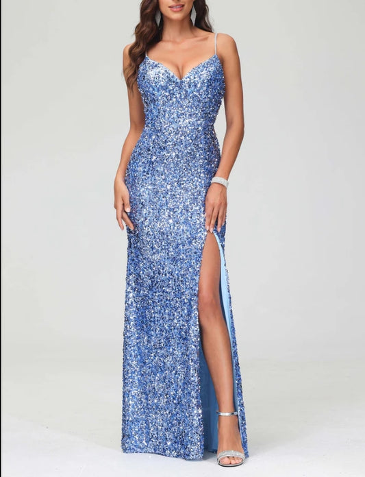 AABEI DRESS Sheath V-neck Spaghetti Strap Bodycon Sequin Floor Length Dress With Slit Simple Evening Dress