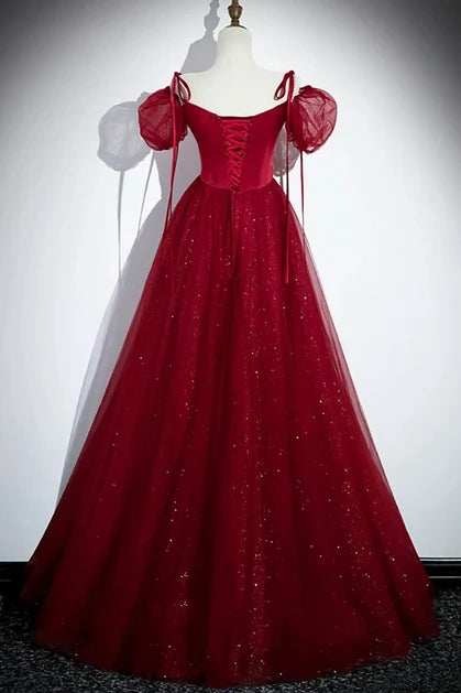 Burgundy Satin and Glitter Tulle A-Line Square Neck Floor-Length Dress