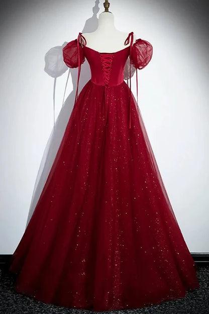 Burgundy Satin and Glitter Tulle A-Line Square Neck Floor-Length Dress