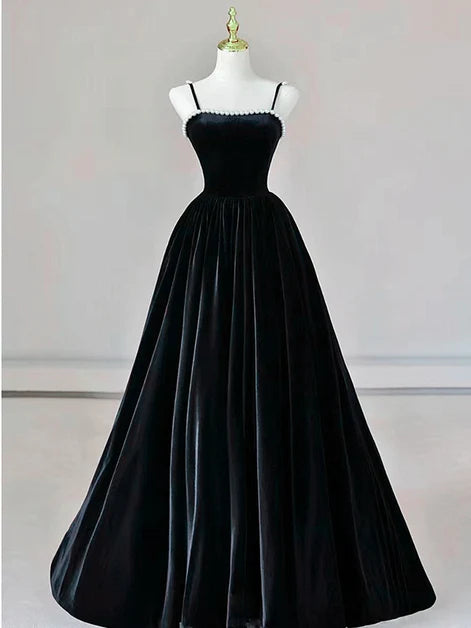Charming A-line Spaghetti Strap Pearl Lace Up Long Prom Gown