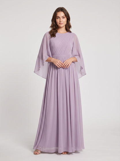 Lavender Chiffon A-Line Boat Neck Back Zip Floor-Length Dress