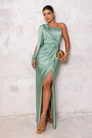 Chic Formal Women's Dresses Sheath One Shoulder Long Sleeve Pleated With Split Floor Length Affordable Prom Dress