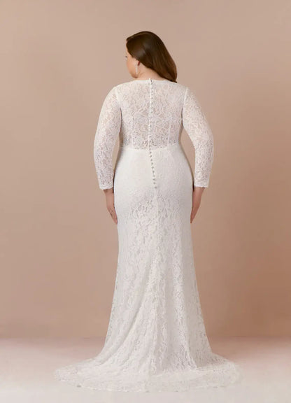Exquisite Lace Mermaid Deep Plunge V-Neck Long Sleeves Retro Elegant Plus Size Hot Sale Wedding Dress