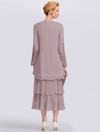 AABEI DRESS Wedding Guest Dress Elegant Two Piece A-Line Jewel Neck Long Sleeve Tea Length Lace Wrap Included Jacket Dresses with Appliques Solid Color Mother of the Bride Dress