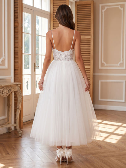 Ivory Lace A-Line V-Neck Back Zip Tea-Length Dress