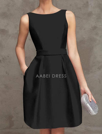 AABEI DRESS New Homecoming Dress A-Line Boat Neck V Back Cocktail Dresses Party Dress Wedding Guest Graduation Sleeveless Satin with Pleats Simple Short Prom Dresse