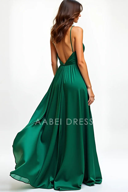 AABEI DRESS Hot Sale Prom Dress Elegant Simple A Line Deep V Neck Spaghetti Strap Backless Long With Slit Formal Dress