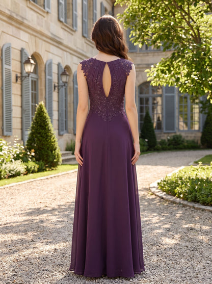 Mulberry Chiffon A-Line Keyhole Neck High Back Floor-Length Dress