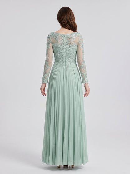 Mint Green Chiffon A-Line Boat Neck Back Zip Floor-Length Dress