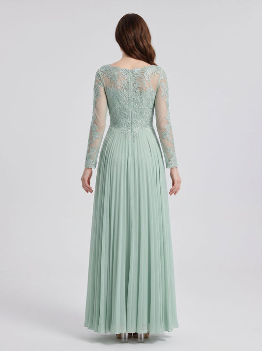Mint Green Chiffon A-Line Boat Neck Back Zip Floor-Length Dress