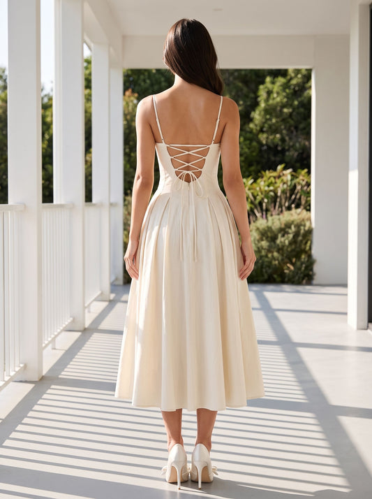 Ivory Satin A-Line Sweetheart Back Zip Tea-Length Dress