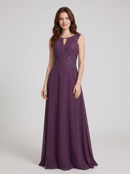 Mulberry Chiffon A-Line Keyhole Neck High Back Floor-Length Dress