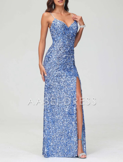 AABEI DRESS Sheath V-neck Spaghetti Strap Bodycon Sequin Floor Length Dress With Slit Simple Evening Dress