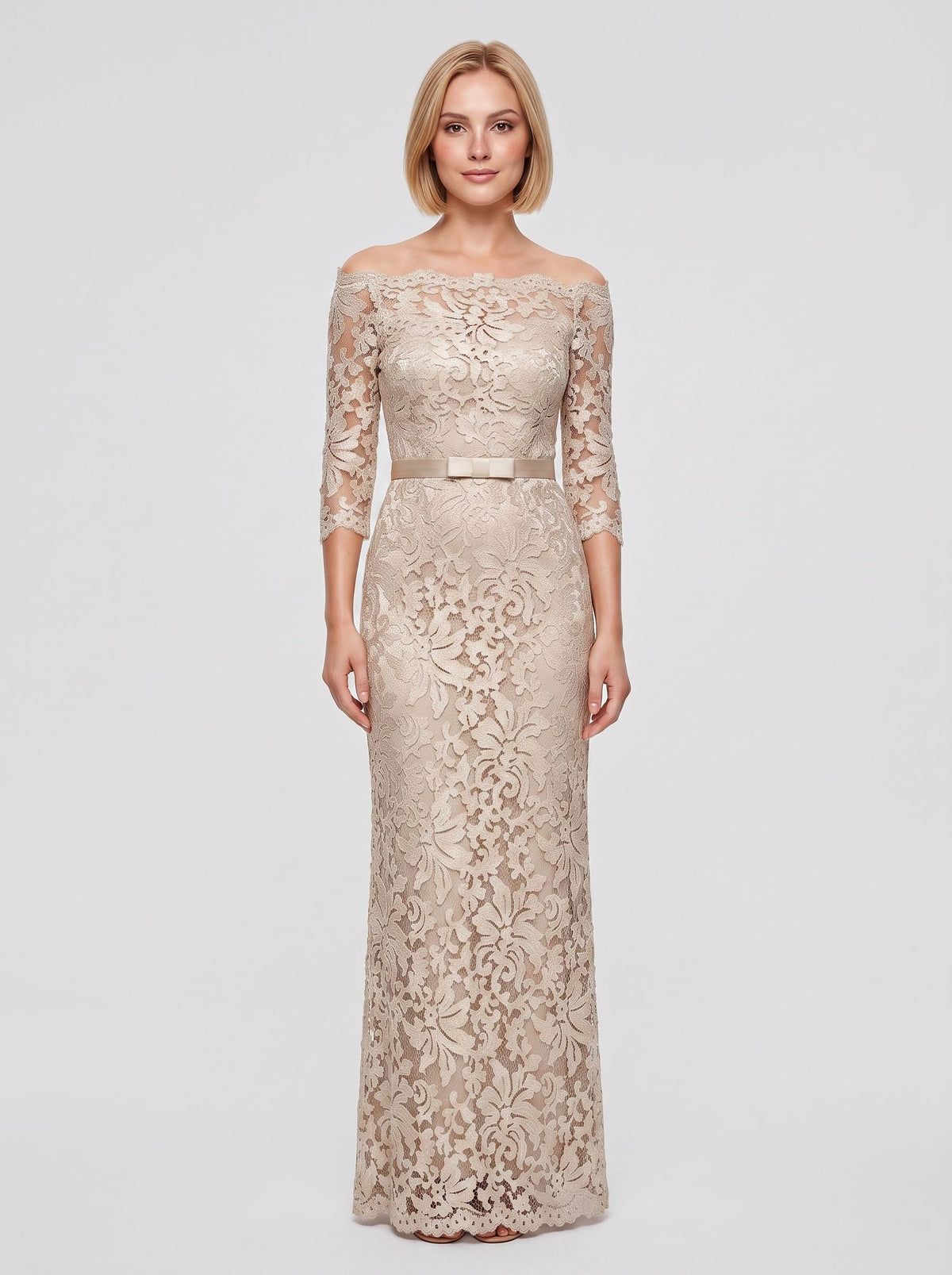 Champagne Lace Sheath/column Boat Neck High Back Floor-Length Dress