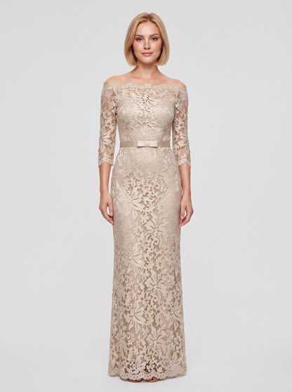 Champagne Lace Sheath/column Boat Neck High Back Floor-Length Dress